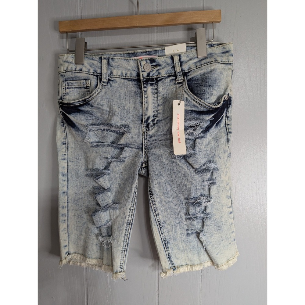 Dollhouse acid wash denim blue jeans distressed juniors 11 longer shorts NWT